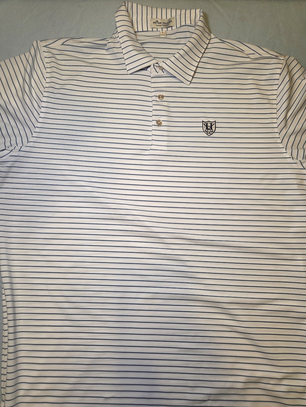 Peter Millar Summer Comfort Polo Shirt Large White Blue Stripe Golf Performance